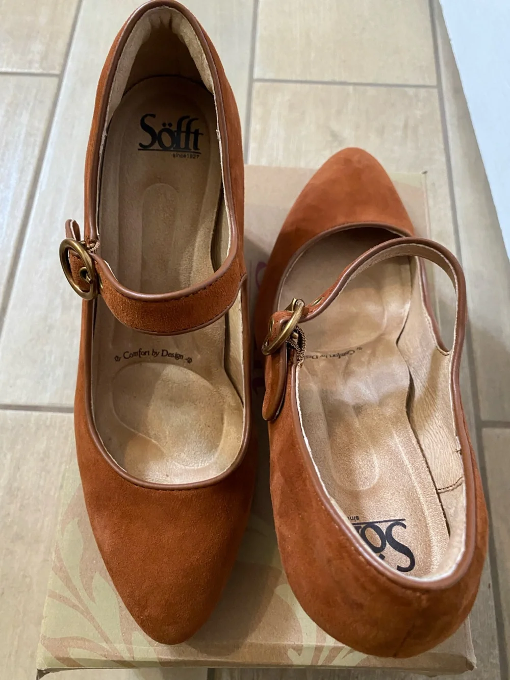 Söfft Rust Suede Mary Jane Heels with Gold Buckle